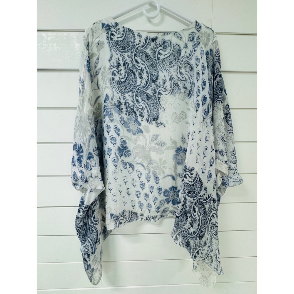 Saks Fifth Avenue Blue White Paisley Floral Poncho Top Made in Italy Small - Picture 7 of 7